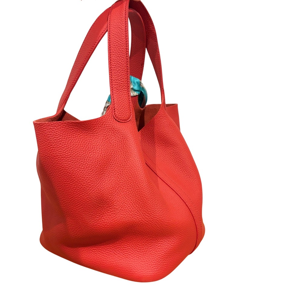 SADI Artisanal Leatherware Red Pebbled Leather Bucket Bag Tote with Scarf Charm - Picture 3 of 6